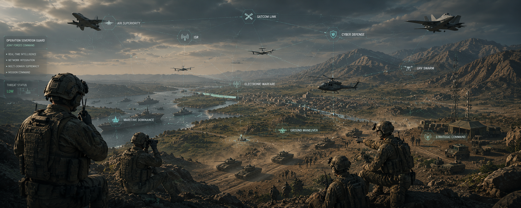 Sovereign guard command landscape with aircraft, communications links, and ground operations